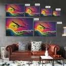 Flock of Seagulls, art deco style sun, framed canvas print, synthwave retrowave animal art