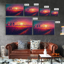 Watercolor of a beautiful sunset over a vibrant field of flowers, framed canvas print, framed art