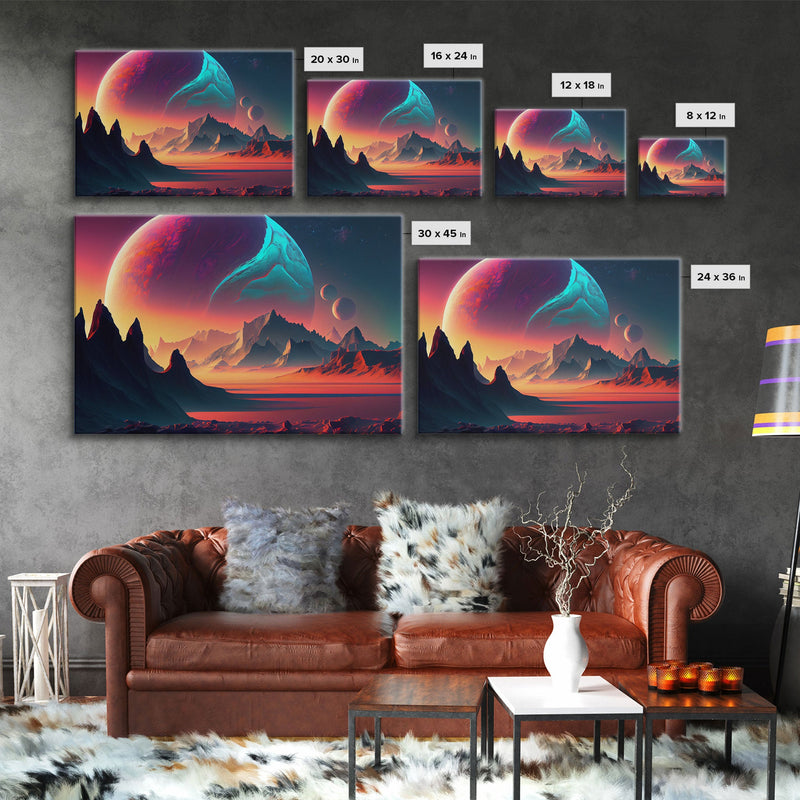 3 Moon Fantasy World, Retro Style Sci-Fi Art, Framed Canvas Print, Futuristic Art, Fantasy Decor