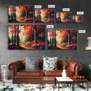 Pop Art Style Fall Forest Landscape, Framed Canvas Print, Unique living room wall art, above sofa art, Color Pop forest art