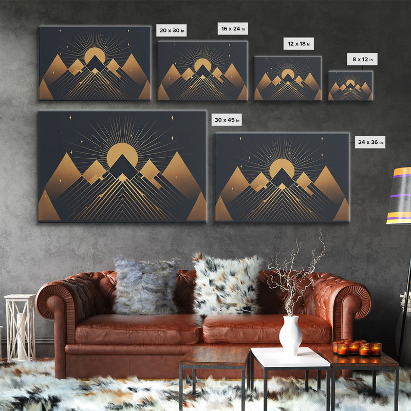 Art Deco Style Mountain landscape at Sunset, Framed Canvas Print, Large Format Wall Art, Huge Wall Decor, Black and Gold