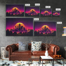 Outrun Style Futuristic Cyberpunk City Skyline at Sunset, Concept art, framed canvas print, dystopian art