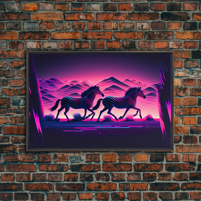 Zebras running through the plains, synthwave art, framed canvas print, framed wall art