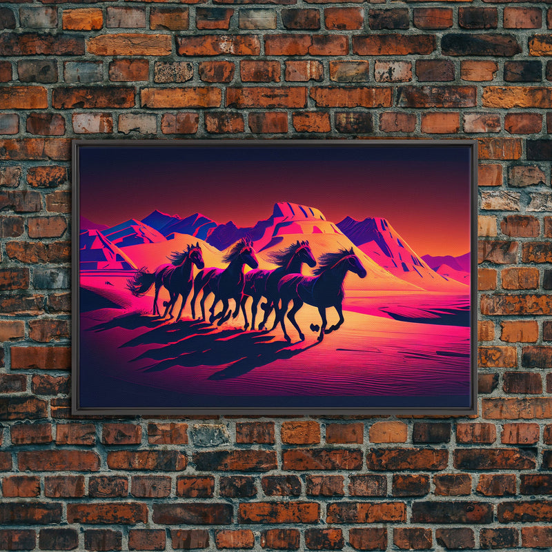 Wild Arabian Horses - Vibrant synthwave nature art, framed canvas print