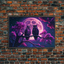 Owls at midnight, full moon and starry night sky, framed canvas print