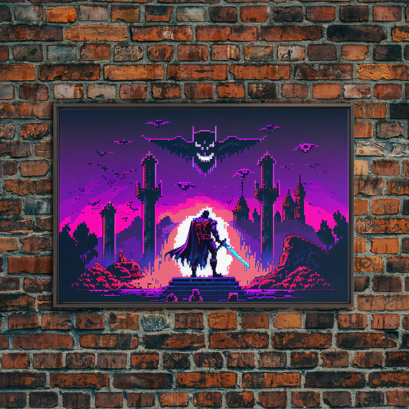 Barbarian vs Vampires, pixel art, DND RPG concept art, vaporwave aesthetic gamer room art, framed canvas print