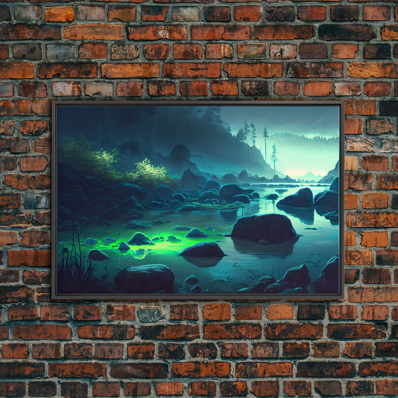 Bioluminescent glowing river, cool nature watercolor art, framed canvas print