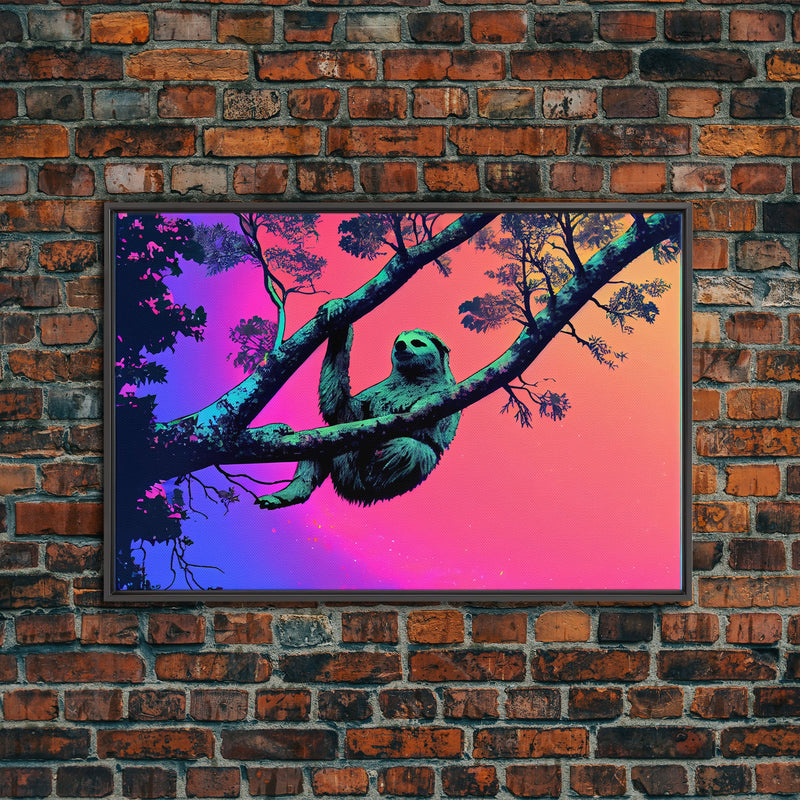 What a cool sloth man, vaporwave sloth art, framed canvas print, wall art with frame and a cool lookin' sloth