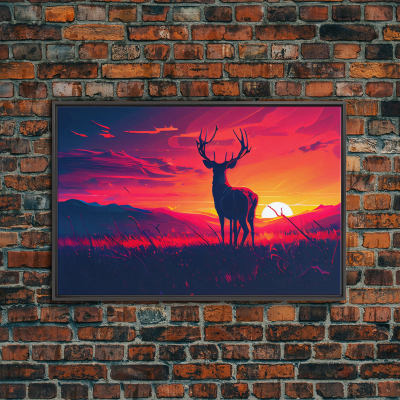 12 point buck, Sunset, framed canvas print, gift for a hunter