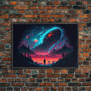 Strange new worlds among  the stars, scifi retrowave art, framed canvas print, unique wall art
