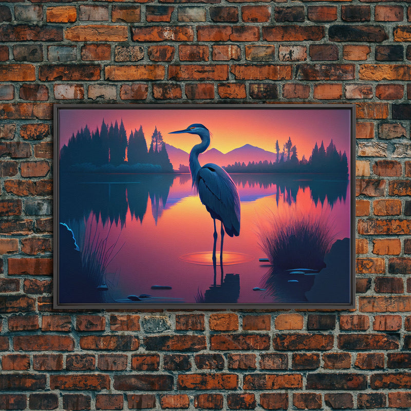 A stork standing in a calm lake at sunset, framed canvas print