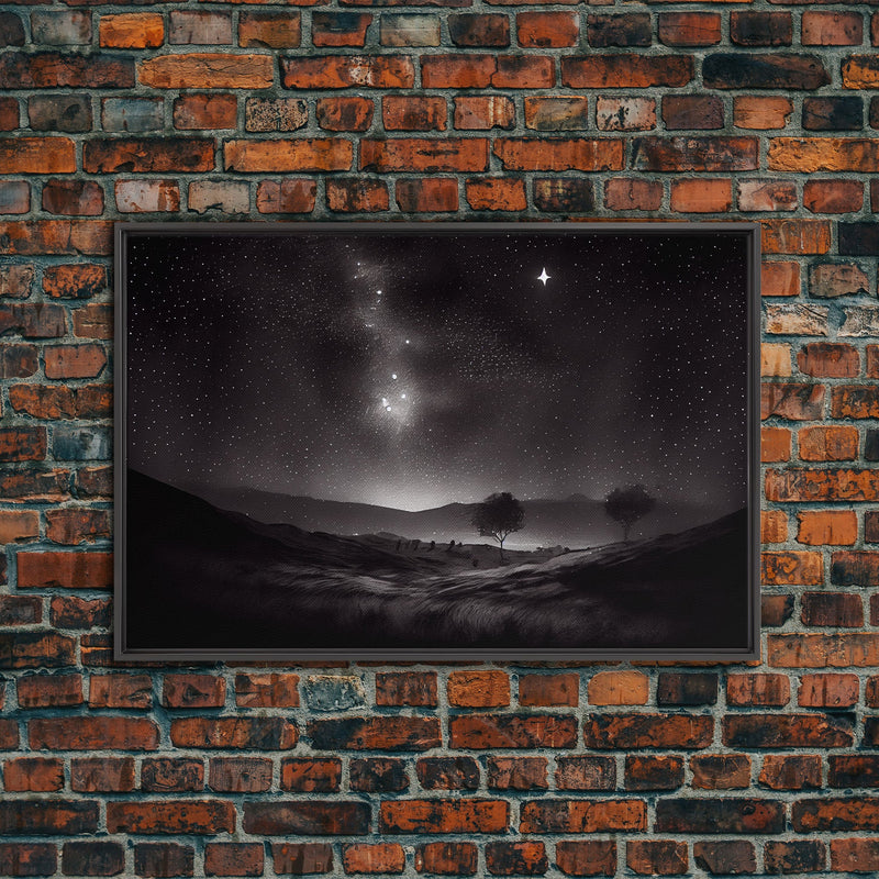 Black and white Watercolor of a starry night sky over the planes of Texas, framed canvas print