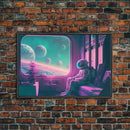 Vaporwave Aesthetic Scifi Art, In Transit, Astronaut riding the space train, framed canvas print