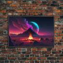 Campfire under a Full Moon, Framed canvas print, retro synthwave / outrun style primitive home decor
