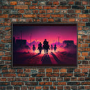 Retro Synthwave Style Post-Apocalyptic Cowboys, framed canvas print, retro outrun style wild west art