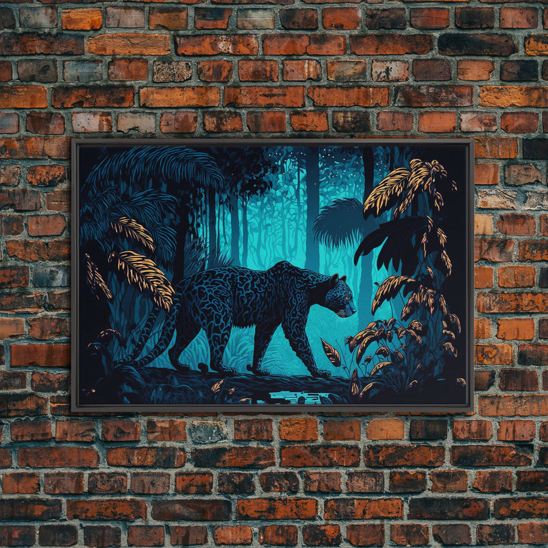 Black and Turquoise Panther, framed canvas print, unique wall art, wildlife canvas art, living room wall art