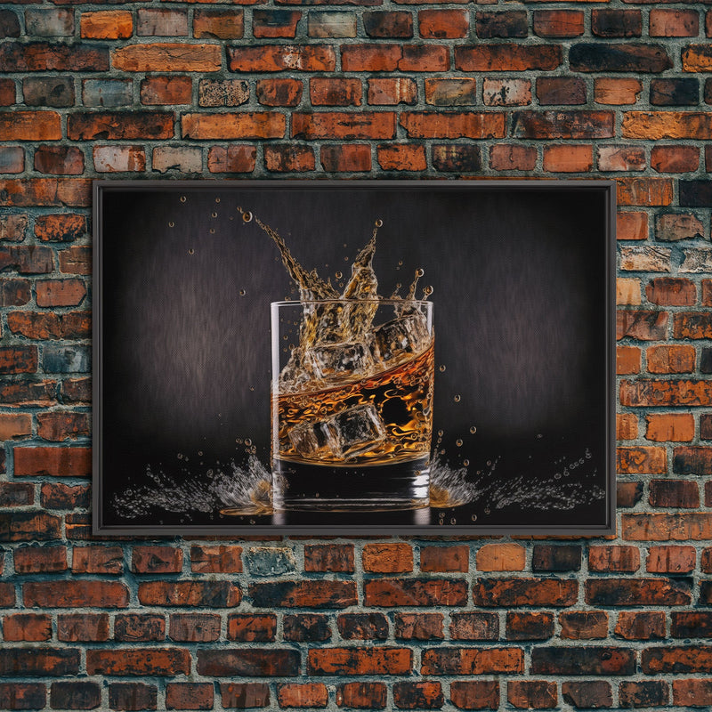 Whiskey Wall DÃ©cor, Glass of Whiskey with Splash, Man Cave Wall Art, Whisky Artwork, Home Bar Decor, Framed Canvas Print