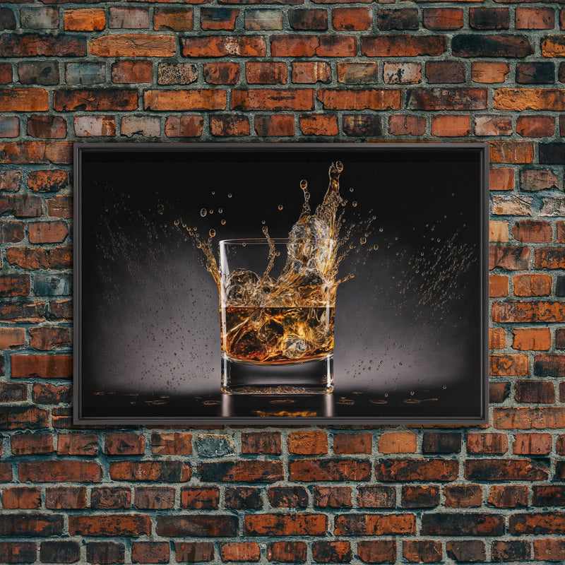 Whiskey Wall DÃ©cor, Glass of Whiskey with Splash, Man Cave Wall Art, Whisky Artwork, Home Bar Decor, Framed Canvas Print, Manly Art