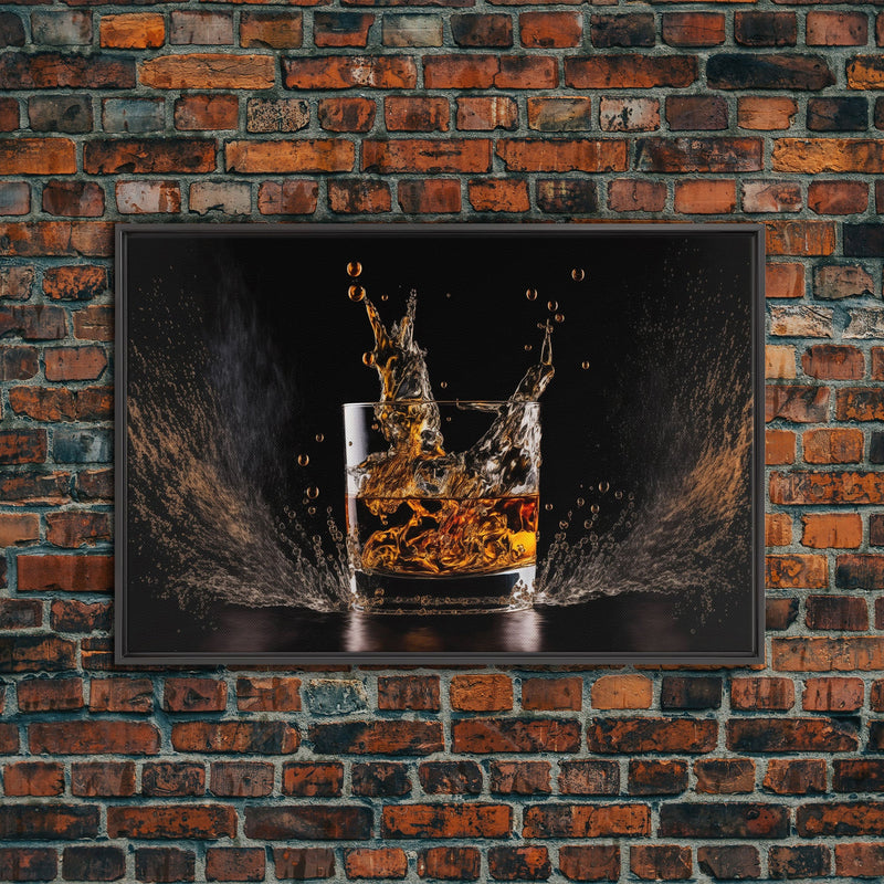 Whiskey Wall DÃ©cor, Ice falling into a glass of whiskey, modern / contemporary bar wall art, framed canvas print