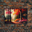 Pop Art Style Fall Forest Landscape, Framed Canvas Print, Unique living room wall art, above sofa art, Color Pop forest art