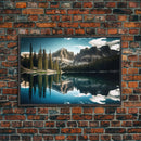 Reflections on a winter lake, watercolor landscape art, framed canvas print, pine tree winter forest