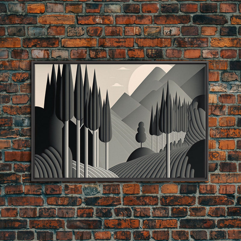 Art Deco Style Greyscale Landscape, Monochromatic Drab and Dreary art, framed canvas print, large format art