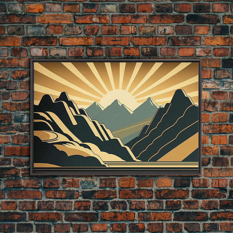 Art Deco Style Mountain landscape at Sunset, Framed Canvas Print, Large Format Wall Art, Huge Wall Decor