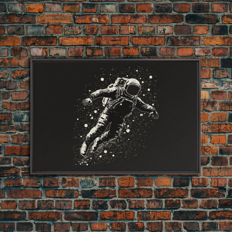 Adrift - Astronaut Lost In Space - Framed Canvas Print - Black and White Space Art