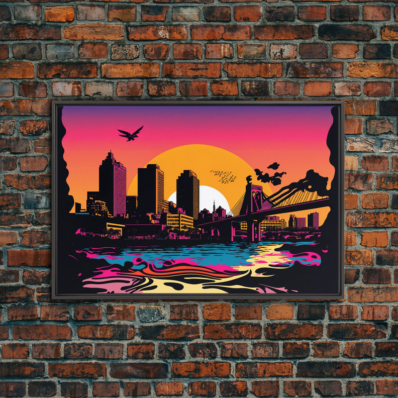 Beautiful Portland, Oregon Retro Synthwave Style Sunset Art, Framed Canvas Print, Pacific Northwest City Art