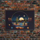 Retro Art Deco Style Pueblo Desert Art, Cactus Desert Landscape under a Full Moon, Framed Canvas Print, Cute Western Decor