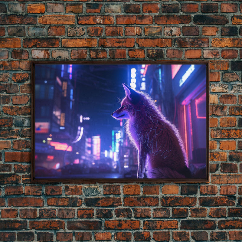 Alley Fox, Cyberpunk city, framed canvas print, urban decay art