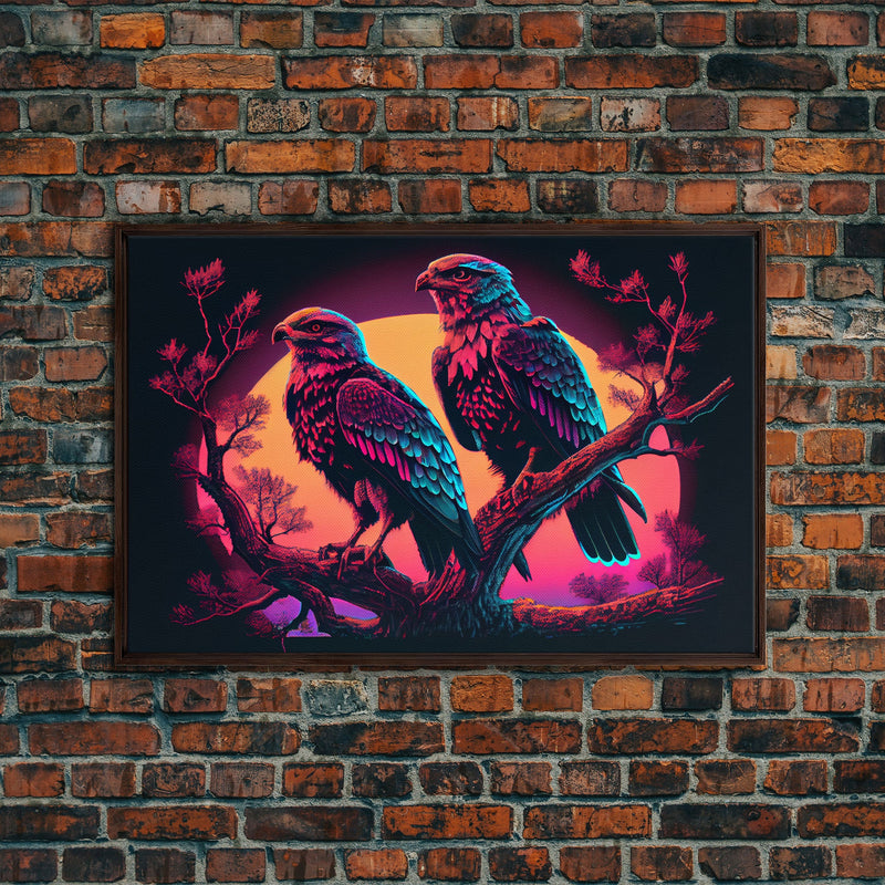 Birds of Prey at sunset, Hawks on a branch, framed canvas print