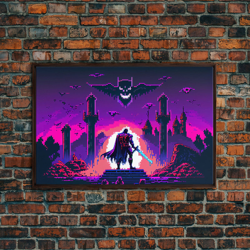 Barbarian vs Vampires, pixel art, DND RPG concept art, vaporwave aesthetic gamer room art, framed canvas print