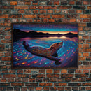Cute beaver swimming at midnight, vaporwave aesthetic animal print art, starry night beaver, framed canvas print