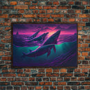 3 Blue Whales Breaching at Sunset, vaporwave synthwave ocean art, framed canvas print