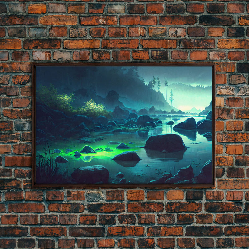 Bioluminescent glowing river, cool nature watercolor art, framed canvas print