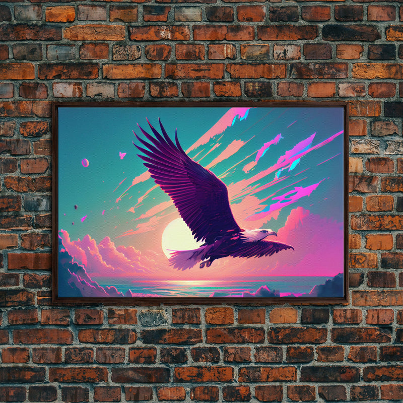 Bald eagle in flight, vaporwave sunset, vaporwave art, framed canvas print, pink and turquoise art