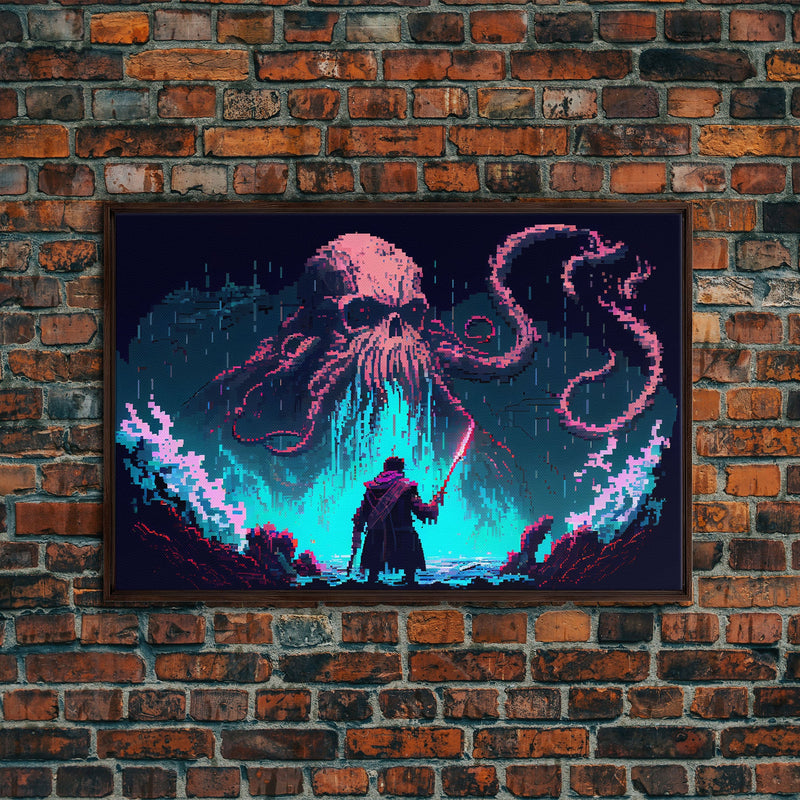 Warrior Vs Cthulhu, RPG concept pixel art, framed canvas print, outrun video game art