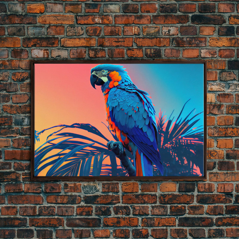 Birds of Paradise, Tropical Blue Parrot, Framed canvas print, beautiful wall art for vacation home