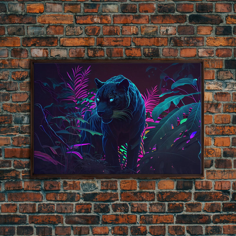 Black panther on the hunt in the jungle, glowing blue eyes, synth wave aesthetic art, framed canvas print