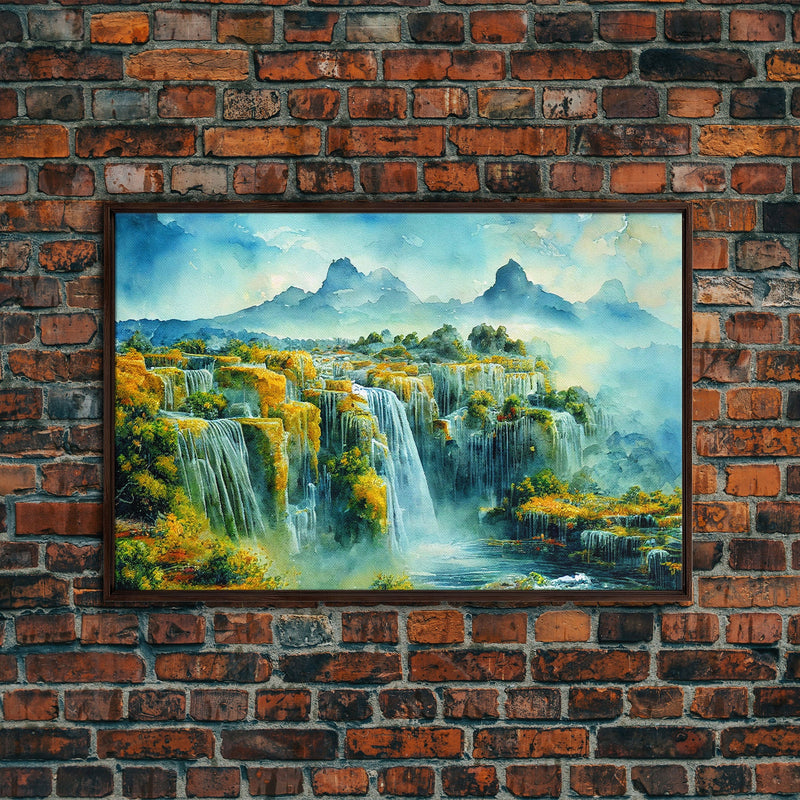 Water color painting of beautiful waterfalls, framed canvas print