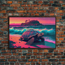 Sea turtle fighting the waves, framed canvas art, synthwave, vaporwave, animal prints
