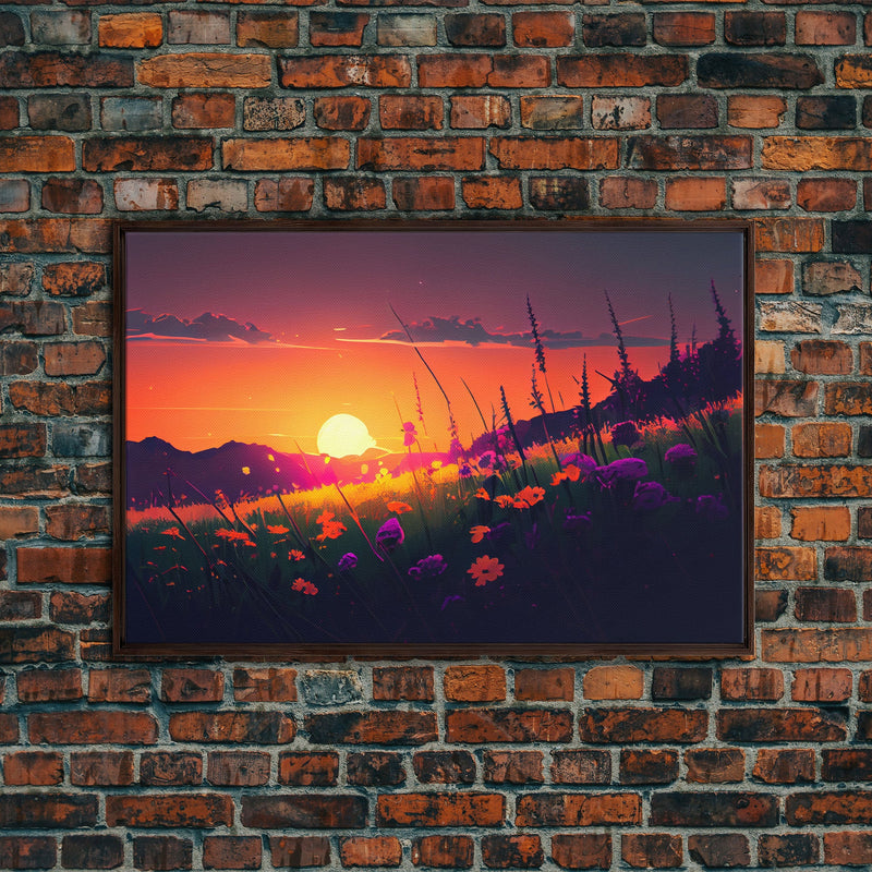 Watercolor of a beautiful sunset over a vibrant field of flowers, framed canvas print, framed art