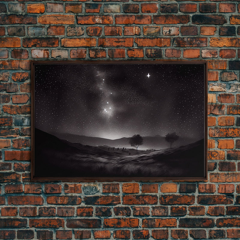 Black and white Watercolor of a starry night sky over the planes of Texas, framed canvas print