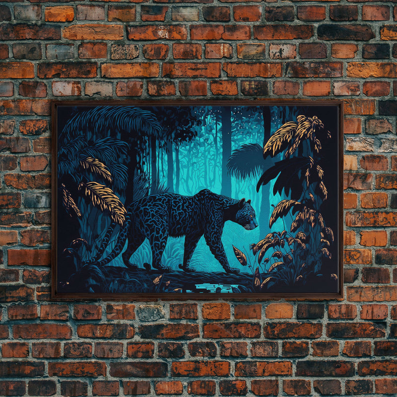 Black and Turquoise Panther, framed canvas print, unique wall art, wildlife canvas art, living room wall art