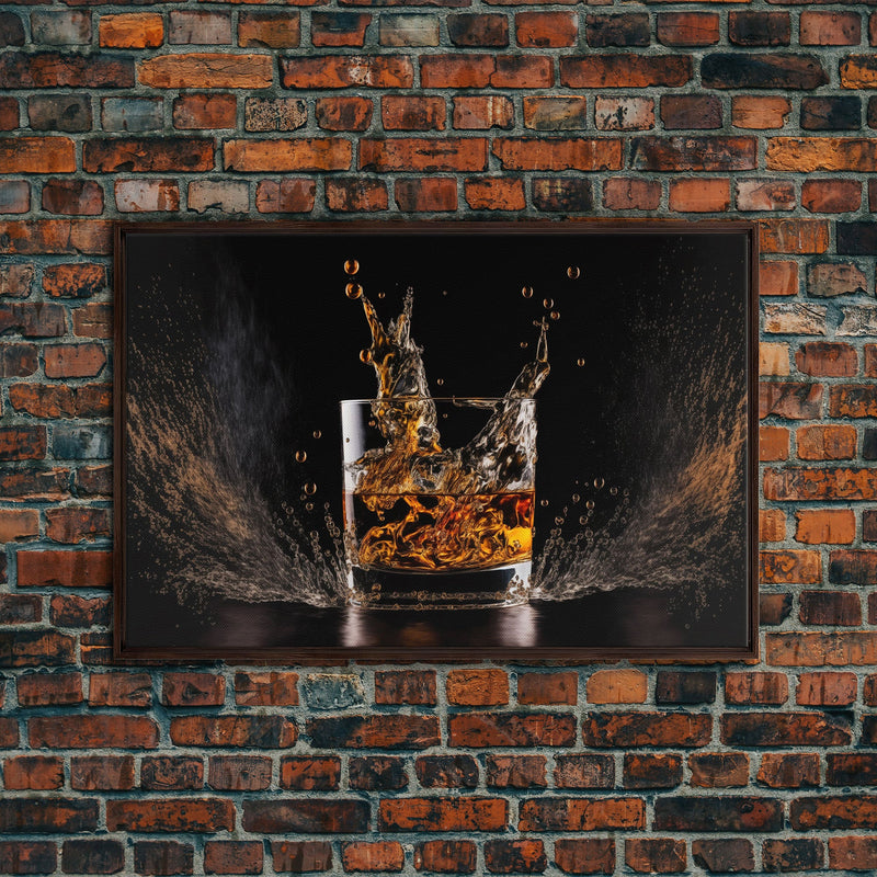 Whiskey Wall DÃ©cor, Ice falling into a glass of whiskey, modern / contemporary bar wall art, framed canvas print