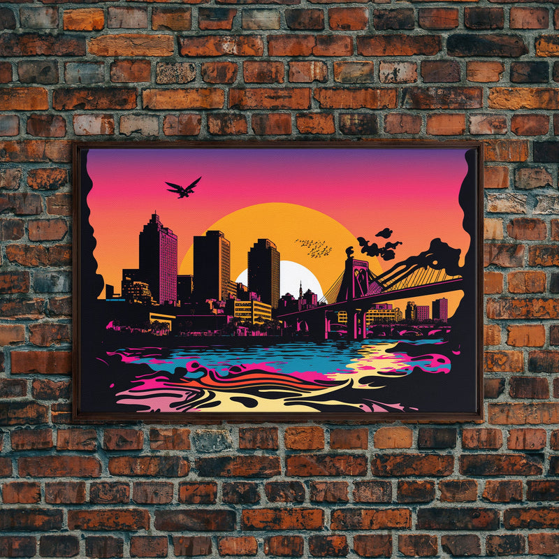 Beautiful Portland, Oregon Retro Synthwave Style Sunset Art, Framed Canvas Print, Pacific Northwest City Art