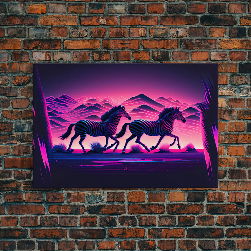 Zebras running through the plains, synthwave art, framed canvas print, framed wall art