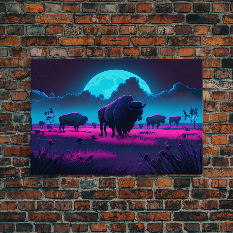 American Buffalo, Retrowave art, herd of Bison and a full moon, framed canvas print