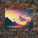 Watercolor mountain at sunset, pastel, subdued colors, framed canvas print